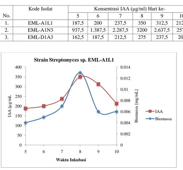 Tabel 3.  Konsentrasi  IAA  yang  dihasilkan  oleh  isolat  Actinomycetes  endofit  tanaman  markisa  ungu  patogen  Fusarium  oxysporum  berdasarkan  lamanya  waktu  inkubasi