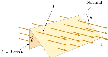 Figure 24.2 Field lines representing a uniform electric ﬁeld penetrating an area A thatis at an angle � to the ﬁeld