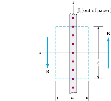 Figure 30.15 (Example 30.6) End view of an intion (out of the page). This view shows the direction of sheet lying in the ﬁnite currentyz plane, where the current is in the y direc-B onboth sides of the sheet.