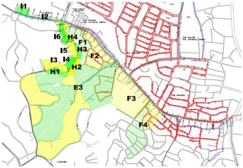 Gambar 4. Peta arah aliran dan Daerah Pengaliran Jalan Sriwijaya  Tabel 1. Hasil Debit Banjir Rencana dengan Program InfoSWMM 