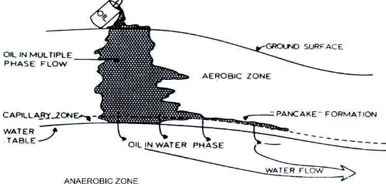Gambar 1 Penyebaran tumpahan minyak di permukaan tanah (Bossert & Bartha 1984). 