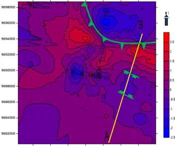 Gambar  4.  Peta anomali Bouguer  kontras  rapat  massa  batuan  yang  tinggi.  Perubahan nilai anomali rendah ke tinggi  yang  sangat  signifikan  terlihat  di  bagian  timurlaut  yang  ditandai  oleh  garis  kontur  yang  rapat