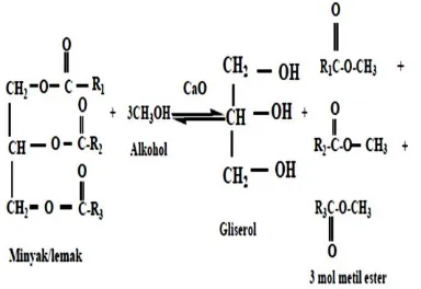 Gambar 1. Reaksi metanolisis dengan katalis basa heterogen CaO2 