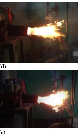 Gambar 3. Prilaku Api pada Campuran Bahan Bakar  a) B0 b) B5 c) B10 d) B20 e) B25 