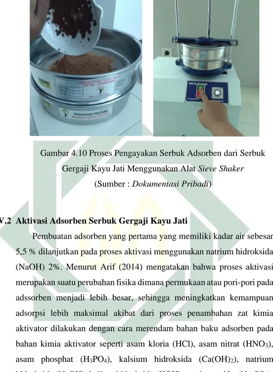 Gambar 4.10 Proses Pengayakan Serbuk Adsorben dari Serbuk  Gergaji Kayu Jati Menggunakan Alat Sieve Shaker 