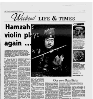 Gambar Rajah 2.2 : Surat Khabar New Straits Times, 11 July 1998 -    Hamzah Dolmat selaku Raja Biola   