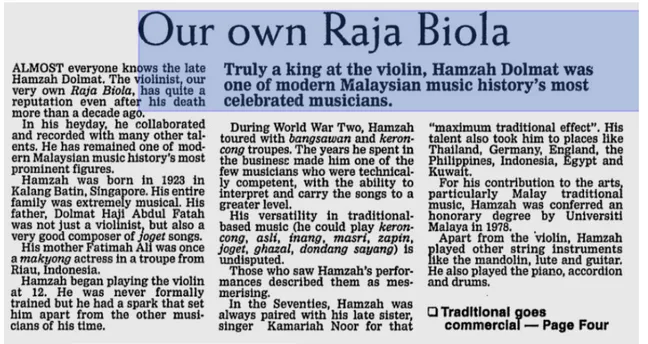 Gambar Rajah 1.1 : Surat Khabar New Straits Times, Julai 11, 1998 yang  mengelar Hamzah Dolmat sebagai ‘Raja Biola’