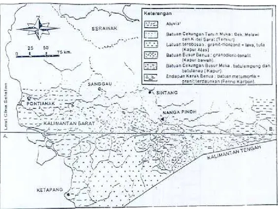 Gambar 1. Peia Geologi pegunungan Sctw.-Ier  di Kalimantan  Barat dan Tengah (Dimodifikasi  Darl Pietel' Dan Supriatna S