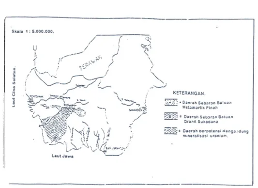 Gambar 4 Peta Skematik Daerah Berpotensi  Mengandung  Mineralisasi  Uraluum Dr pegunungan Schwaner Kalimantan