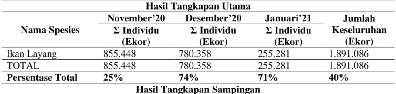 Tabel 4 Jumlah Individu (Ekor) Hasil Tangkapan selama penelitian (November 2020 – Januari 2021)  Hasil Tangkapan Utama 