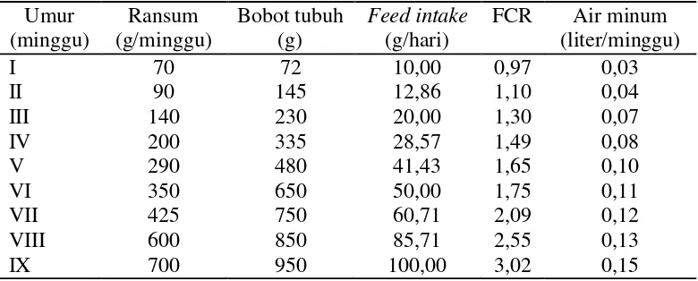 Tabel 1. Standar performans produksi ayam jantan tipe medium per ekor 