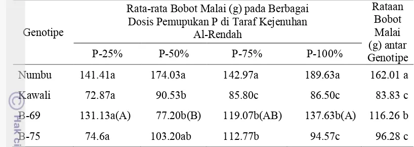 Tabel 14. Rata-rata Bobot Malai (g) pada Berbagai Dosis Pemupukan  P di                 Taraf Kejenuhan Al-Rendah 