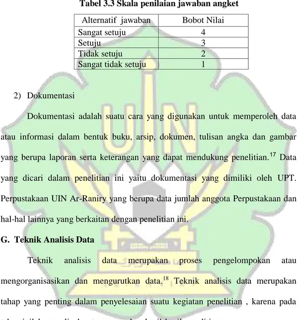 Tabel 3.3 Skala penilaian jawaban angket 