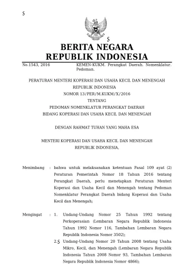 BERITA NEGARA. KEMEN-KUKM. Perangkat Daerah. Nomenklatur. Pedoman ...