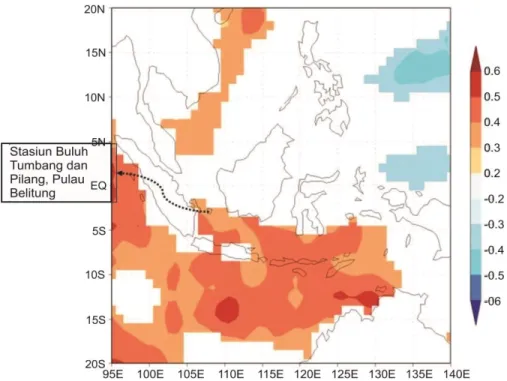 Gambar 4a.   Pola  spasial  korelasi  curah  hujan  musiman  stasiun  Buluh  Tumbang  (Desember - Mei) dengan suhu permukaan laut (1980 ± 2014)