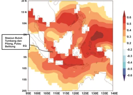Figure 5a.   Spasial  correlation  between  seasonal  rainfall  of  Pilang  station  (December  -  May)  with  sea surface temperature (1996 ± 2013) 