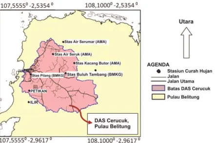 Gambar 1.  Daerah  Aliran  Sungai  (DAS)  Cerucuk,  Pulau  Belitung  dan  sebaran  lokasi  stasiun pencatat curah hujan 