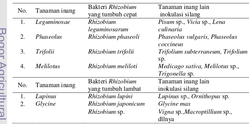 Tabel 1.Pengolongan bakteri Rhizobium berdasarkan  nama tanaman inangnya, kelompok inokulasi silang dan karakter pertumbuhannya  