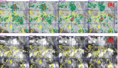 Gambar  1. Citra satelit MTSAT‐2, Enhance‐WV (A), IR (B), dan Enhance‐IR (C), 8 Juni 2011 – 15.00 UTC) ;  