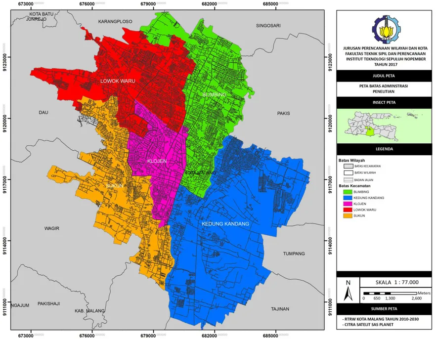 Gambar 1. 1 Peta Batas Administrasi  Wilayah Penelitian  Sumber : RTRW Kota Malang Tahun 2010-2030