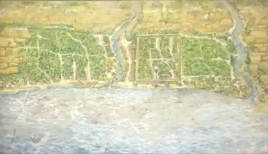 Gambar 9. Foto Sketsa Benteng  Somba Opu Tahun 1638 di Museum Karaeng Pattingalloang   (Dokumentasi Pribadi, 2020) 
