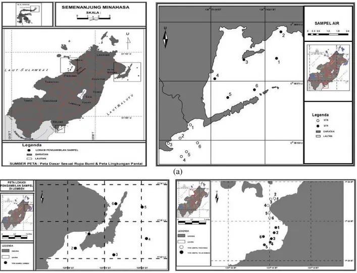Gambar 1.  Peta lokasi penelitian di  (a)  Teluk Buyat dan Teluk Totok,  (b)  Teluk Manado dan Perairan 