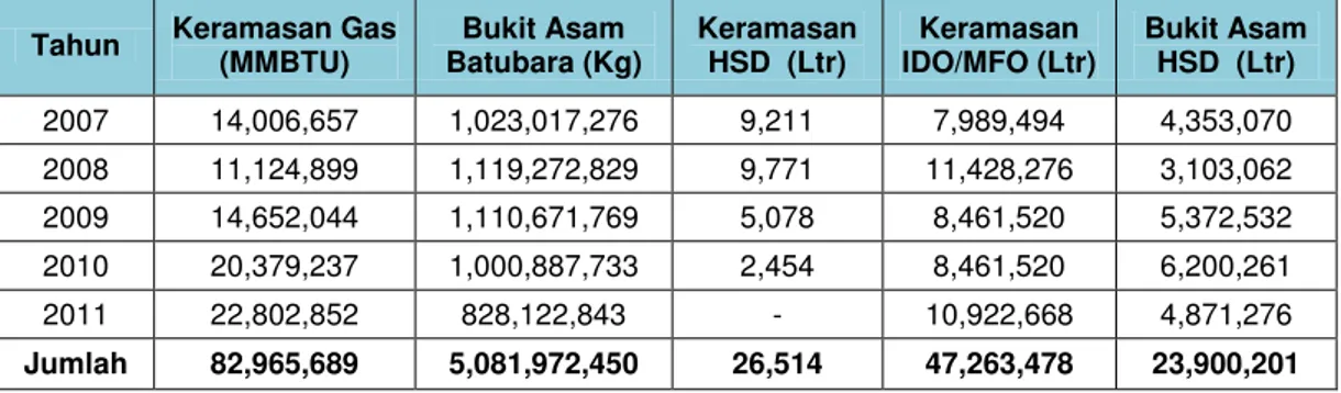 Tabel II.27. Jumlah Pemakaian Gas Batu Bara dan Diesel pada Pembangkit  Listrik Bukit Asam dan Keramasan 