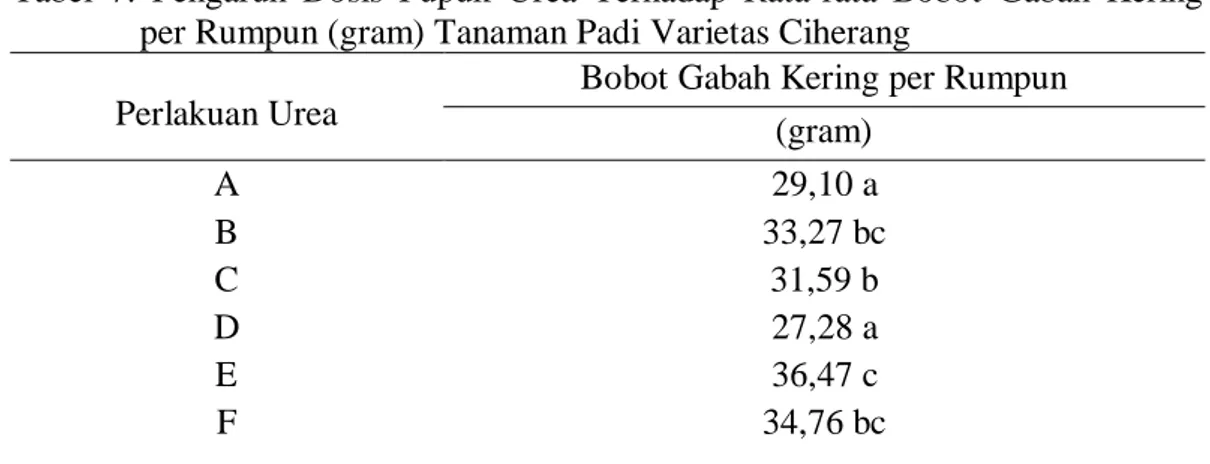 Tabel  7.  Pengaruh  Dosis  Pupuk  Urea  Terhadap  Rata-rata  Bobot  Gabah  Kering   per Rumpun (gram) Tanaman Padi Varietas Ciherang              