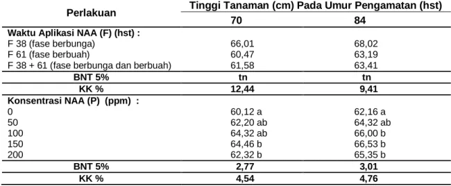 Tabel  5      Rata-rata  Tinggi  Tanaman  Cabai  (cm)  Akibat  Waktu  Aplikasi  dan  Konsentrasi  NAA 