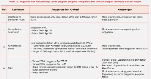 Tabel 12. Anggaran dan Alokasi biaya untuk program program  yang dilakukan untuk merespon Indonesia darurat napza