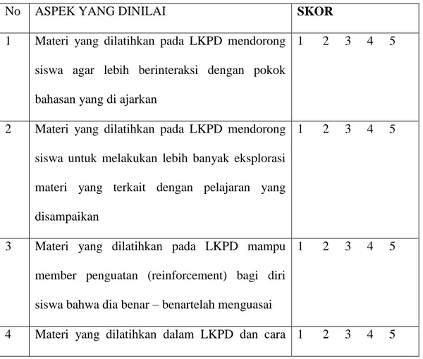Tabel 3.3 Rincian Aspek dan Jumlah Butir Pernyataan Lembar 
