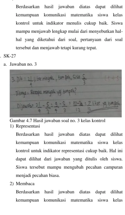 Gambar 4.7 Hasil jawaban soal no. 3 kelas kontrol  1)  Representasi 