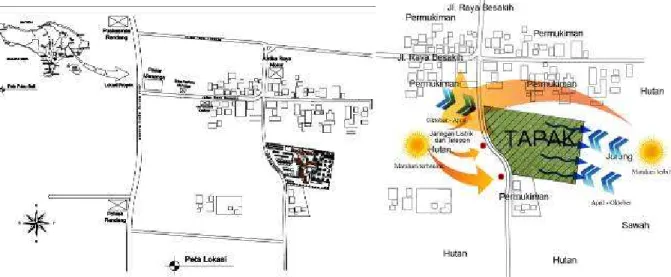 Gambar 1. Peta Lokasi Pusat Pelatihan Budidaya Frutikultur di Karangasem dan Karakteristik Tapak  Sumber: Prabawa, 2018 