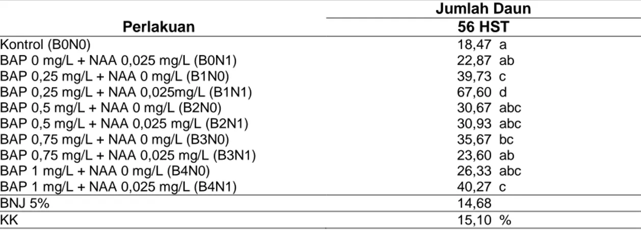 Tabel 2. Jumlah Daun Eksplan Krisan pada 56 HST  Jumlah Daun  Perlakuan  56 HST  Kontrol (B0N0)                                  18,47  a  BAP 0 mg/L + NAA 0,025 mg/L (B0N1)                                  22,87  ab  BAP 0,25 mg/L + NAA 0 mg/L (B1N0)     