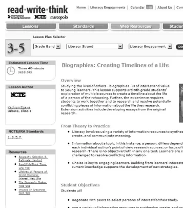 FIGURE 4.3. ReadWriteThink website screenshot. This Biographies: CreatingTimelines of a Life lesson plan provided by ReadWriteThink, a MarcoPolowebsite developed by the International Reading Association, the National Coun-cil of Teachers of English, and in
