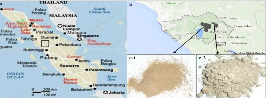 Figure 1. a. Generalized geological map of the Sumatera, Indonesia b. Geographical map showing the location of the study areas c