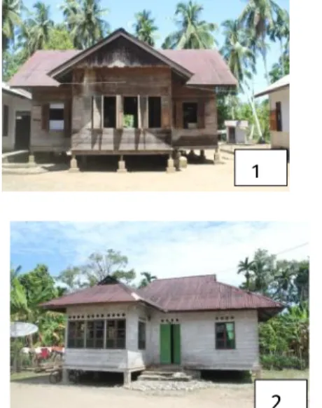 Gambar 3. Rumoh santeut 2 ulee gajah (Tipe 1)  dan rumoh santeut tampong limong (Tipe 2)  Rumah tipe 1 dengan bentuk denah T dan  atap  pelana,  sedangkan  rumah  tipe  2  dengan denah bentuk L dan atap perisai
