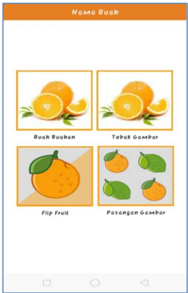 Gambar buah pada aplikasi ini di buat menjadi dua jenis, yaitu dengan gambar  buah nyata dan gambar animasi buah yang disertai  suara nama buah yang muncul,   supaya anak-anak bisa mengingat jenis buah-buahan dengan lebih mudah