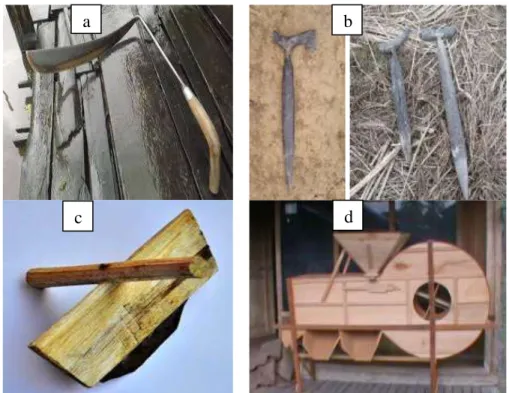 Gambar 4.  Alat tadisional dalam budidaya padi di lahan rawa Kalimantan Selatan.  (a) Tajak,  alat  untuk  pengolahan  tanah,  (b)  Tutujah,  alat  untuk  menanam  bibit  padi  yang  berasal  dari  lacakan, (c) Ani-ani, alat untuk memanen padi, (d) Gumbaan