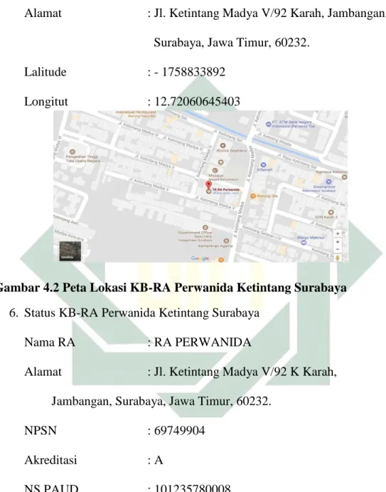 Gambar 4.2 Peta Lokasi KB-RA Perwanida Ketintang Surabaya  6.  Status KB-RA Perwanida Ketintang Surabaya 