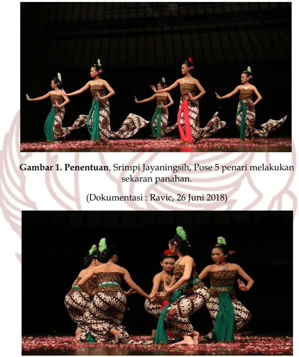 Gambar 1. Penentuan , Srimpi Jayaningsih, Pose 5 penari melakukan  sekaran panahan. 