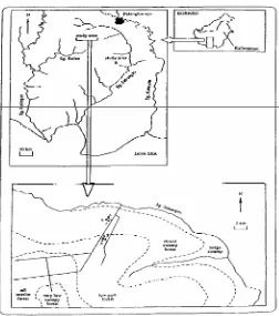 Gambar 1.  Lokasi penelitian di bagian hulu daerah aliran Sungai Sebangau (Garis putus-putus menunjukkan batas antara sub-tipe hutan (Page et al.,1999)