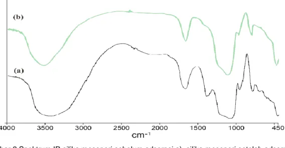 Gambar 2 Spektrum IR silika mesopori sebelum adsorpsi a), silika mesopori setelah adsorpsi b)