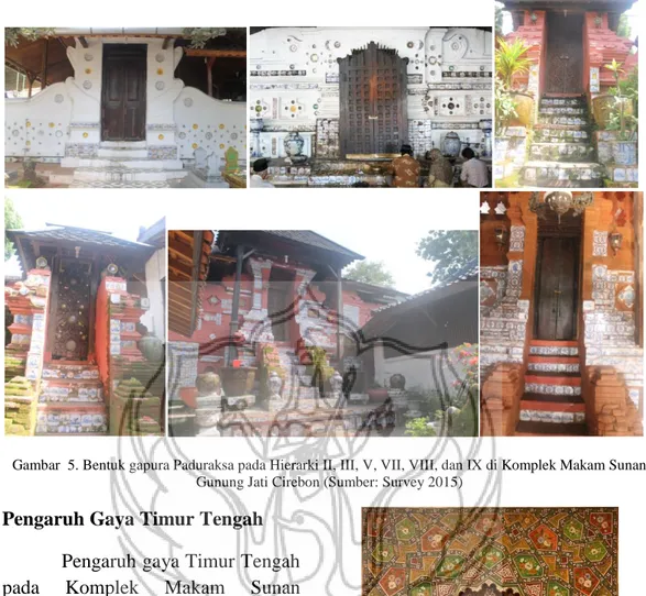 Gambar  5. Bentuk gapura Paduraksa pada Hierarki II, III, V, VII, VIII, dan IX di Komplek Makam Sunan  Gunung Jati Cirebon (Sumber: Survey 2015) 