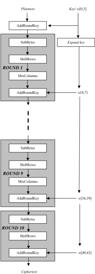 Gambar 1. Proses enkripsi AES, key 128 bit                     (Stallings 2003). 