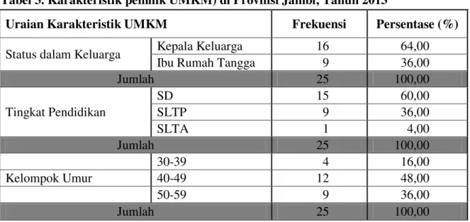 Tabel 3. Karakteristik pemilik UMKM) di Provinsi Jambi, Tahun 2013 