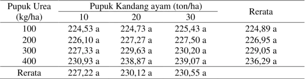 Tabel 1. Rerata tinggi tanaman (cm) jagung manis dengan pemberian pupuk Urea  dan pupuk kandang ayam 