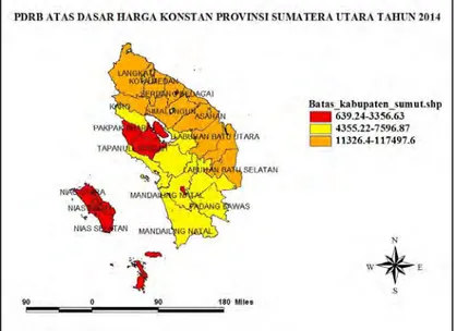 Gambar  4.2  Peta  Persebaran  PDRB  atas  Dasar  Harga  Konstan  Provinsi Sumatera Utara Tahun 2014 