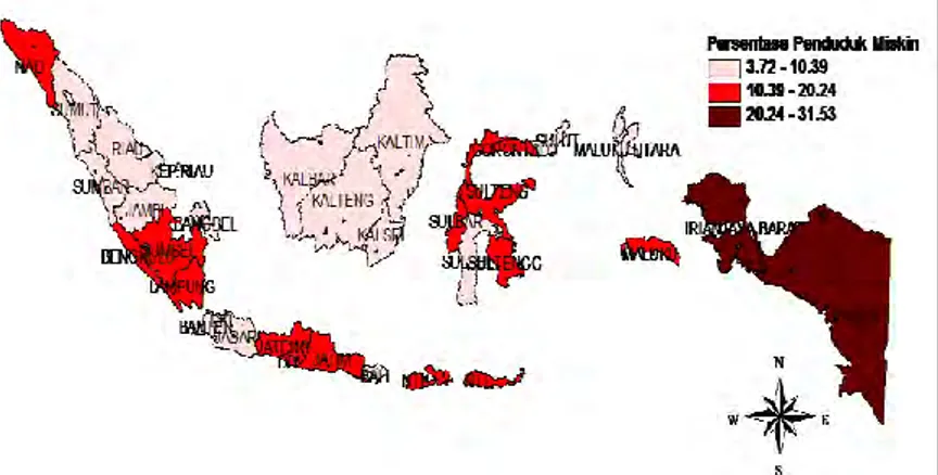 Gambar  4.2  menyajikan  persebaran  tinggi  rendahnya  persentase  penduduk miskin di Indonesia
