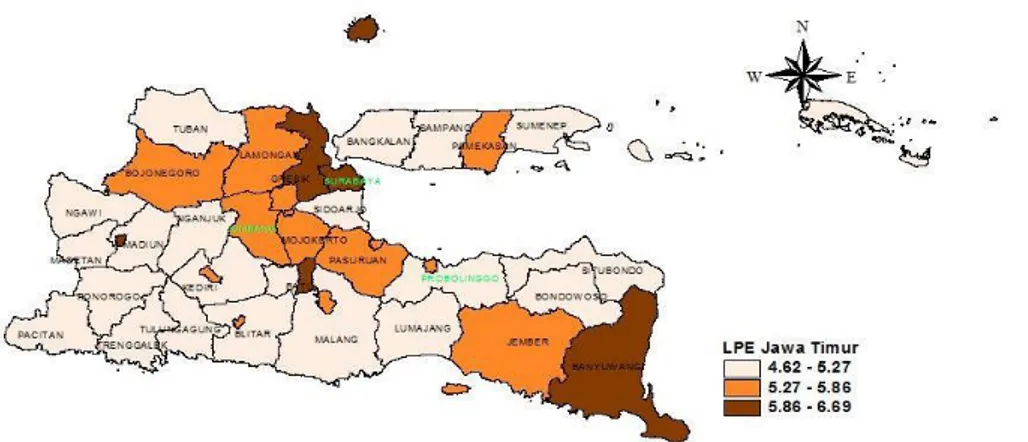 Gambar 4.5  Peta Persebaran Wilayah Provinsi Jawa Timur Berdasarkan Laju  Pertumbuhan Ekonomi Tahun 2015 